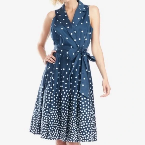 Anne Klein Navy Blue & White Polka Dot Midi Dress - Picture 17 of 17